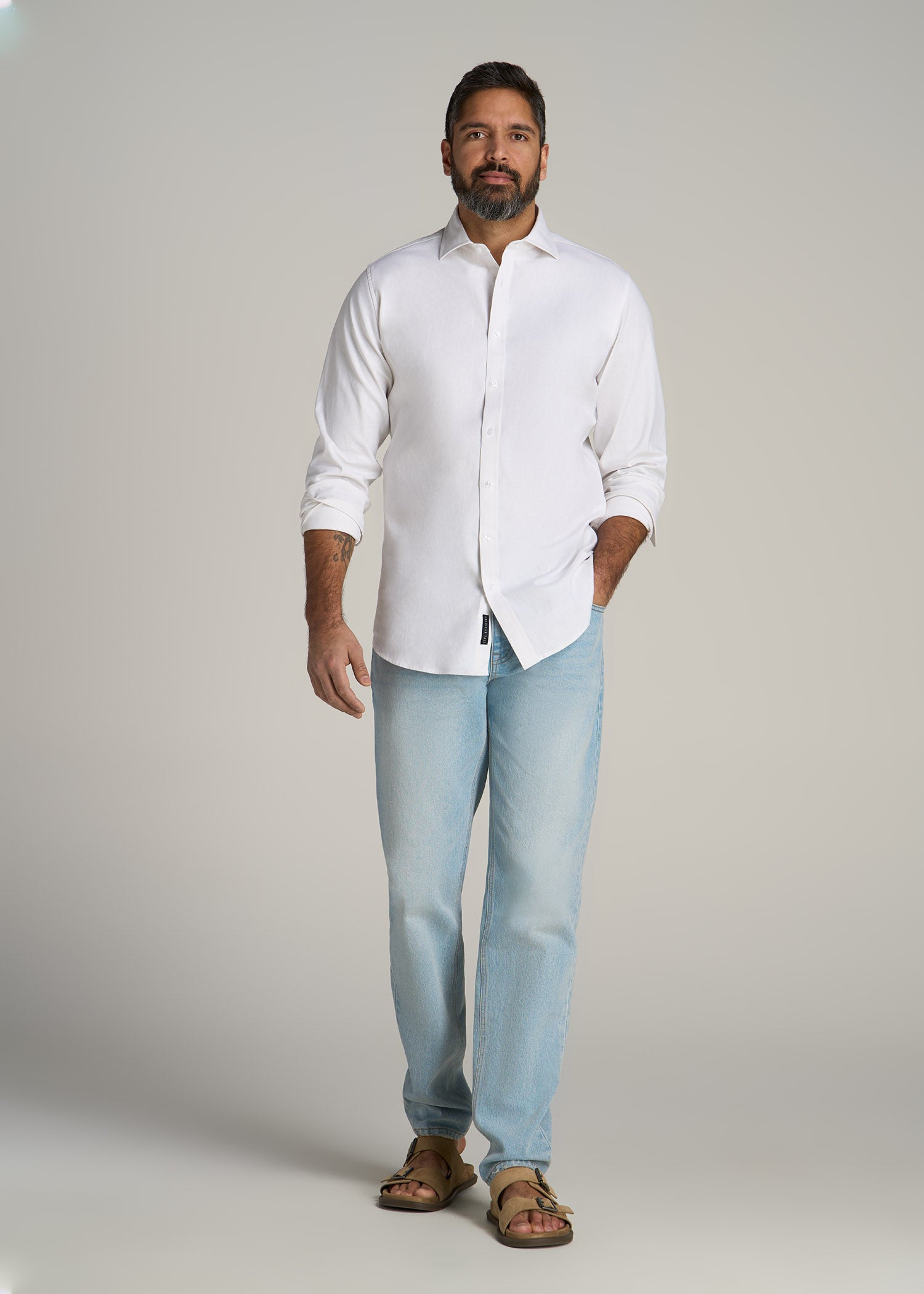 Stretch Linen Dress Shirt for Tall Men in White
