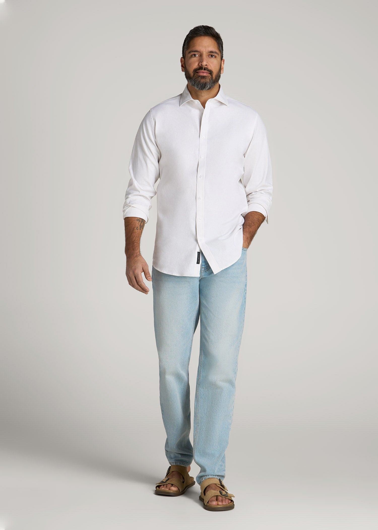 Stretch Linen Dress Shirt for Tall Men in White