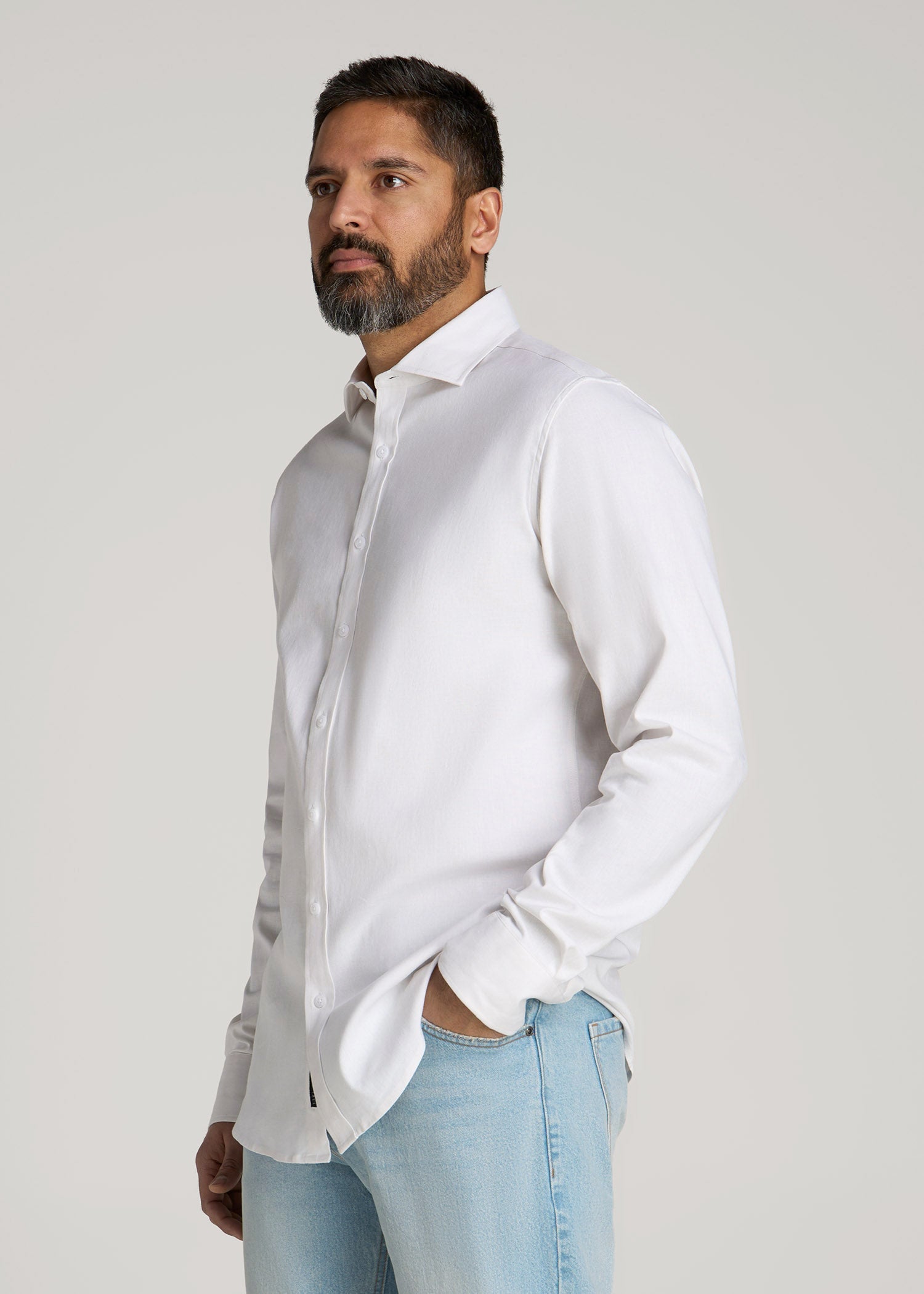 Stretch Linen Dress Shirt for Tall Men in White