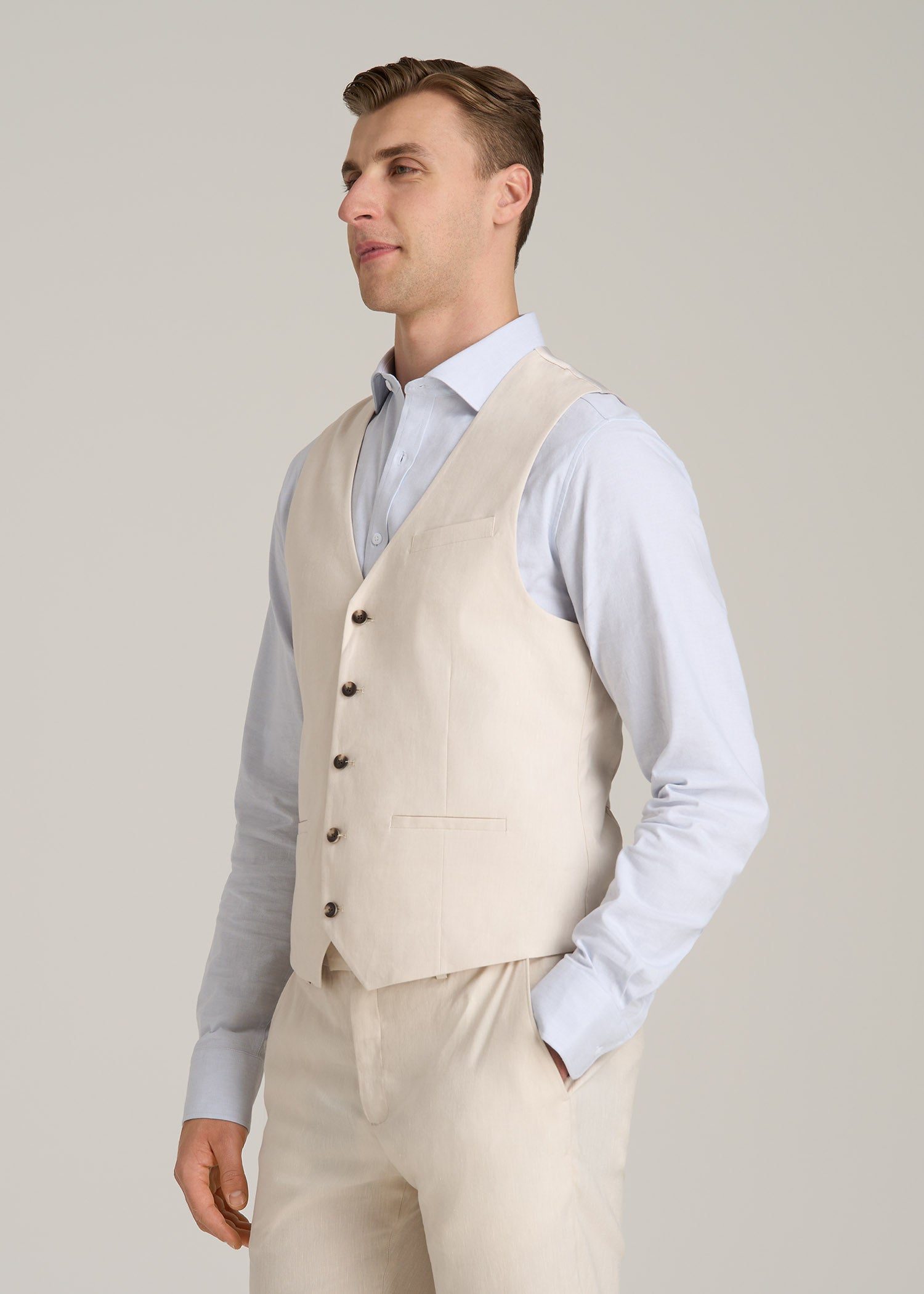 Stretch Linen Suit Vest for Tall Men in Light Beige Linen