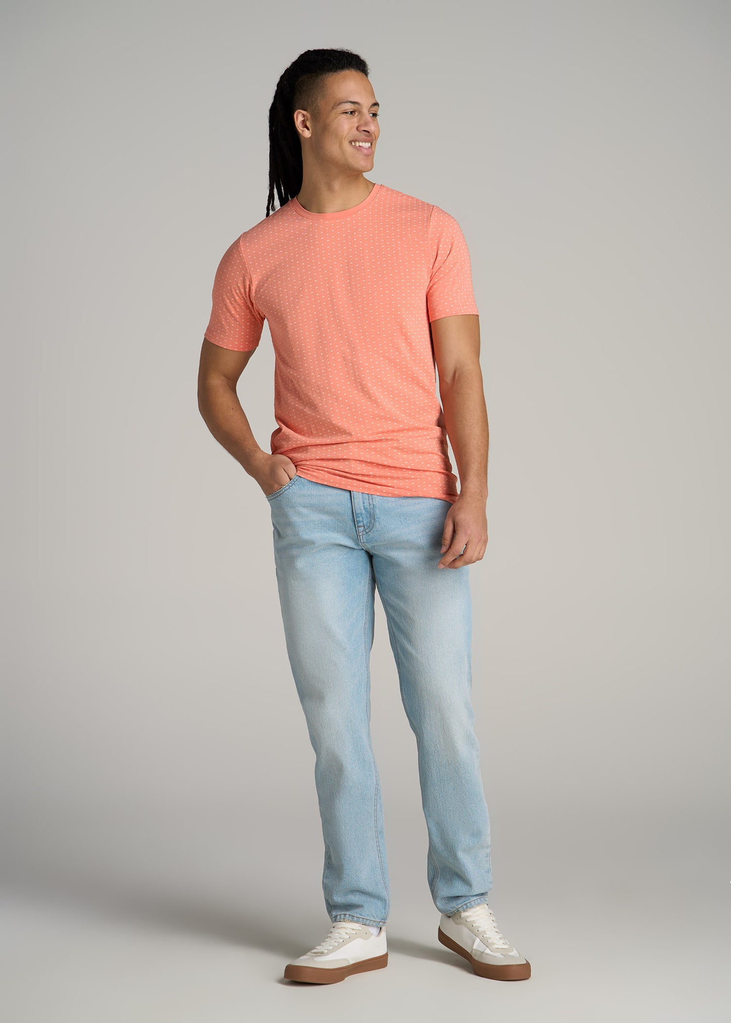 Stretch Pima Cotton Printed Tee for Tall Men in Apricot Mini Floral