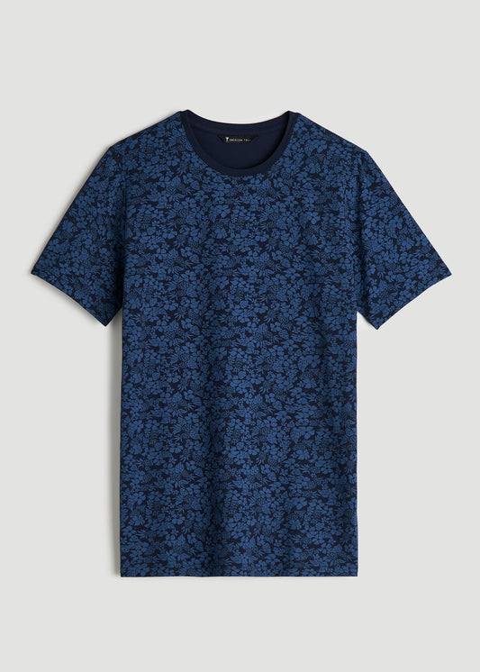 Stretch Pima Cotton Printed Tee for Tall Men in Blue Hibiscus