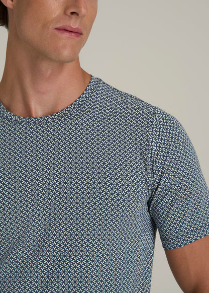 Stretch Pima Cotton Printed Tee for Tall Men in Grey and Blue Geometric