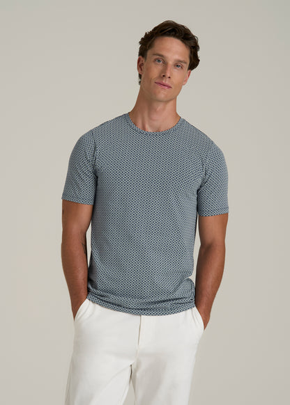 Stretch Pima Cotton Printed Tee for Tall Men in Grey and Blue Geometric