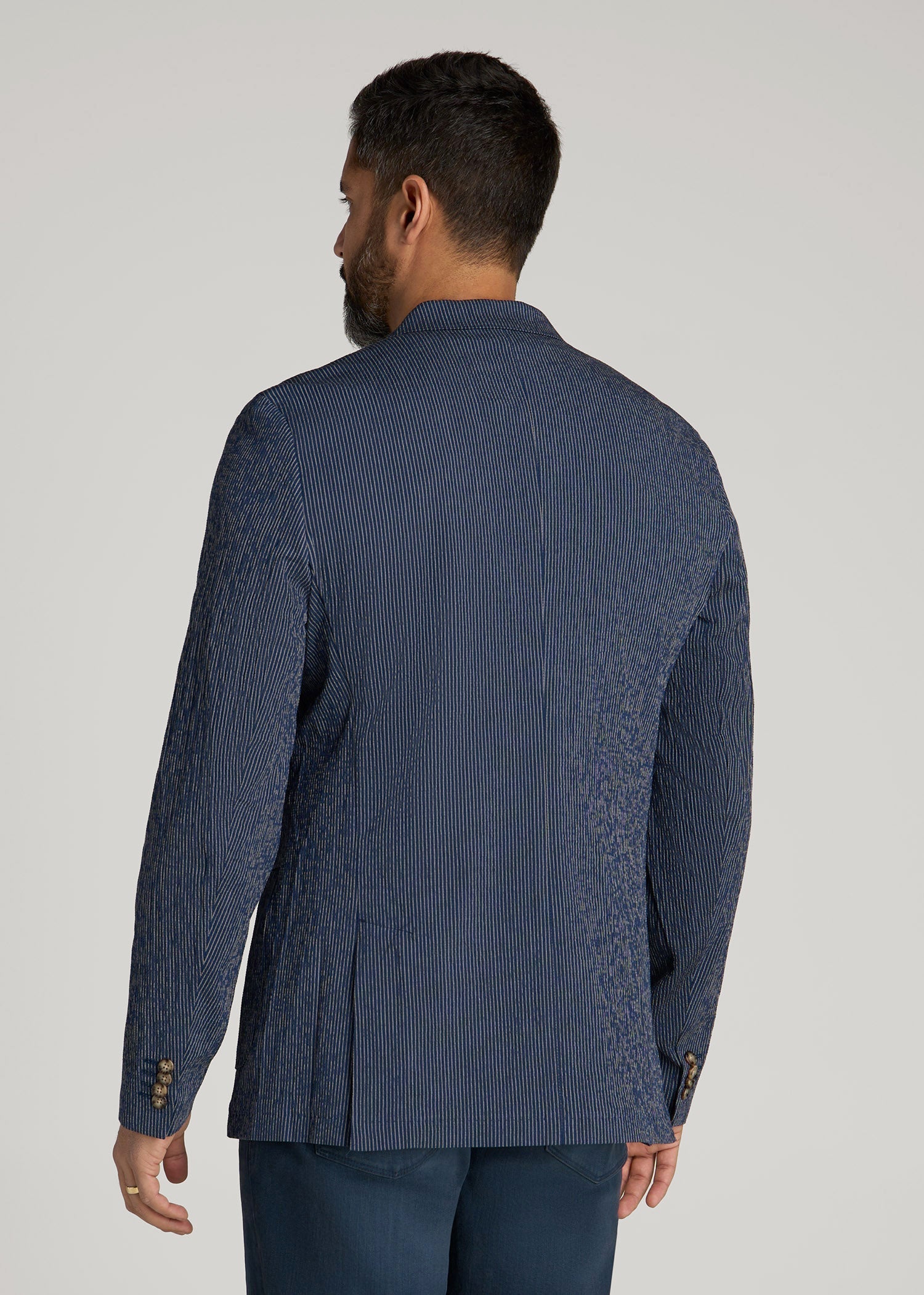 Stretch Seersucker Blazer for Tall Men in Navy and Off White Stripe
