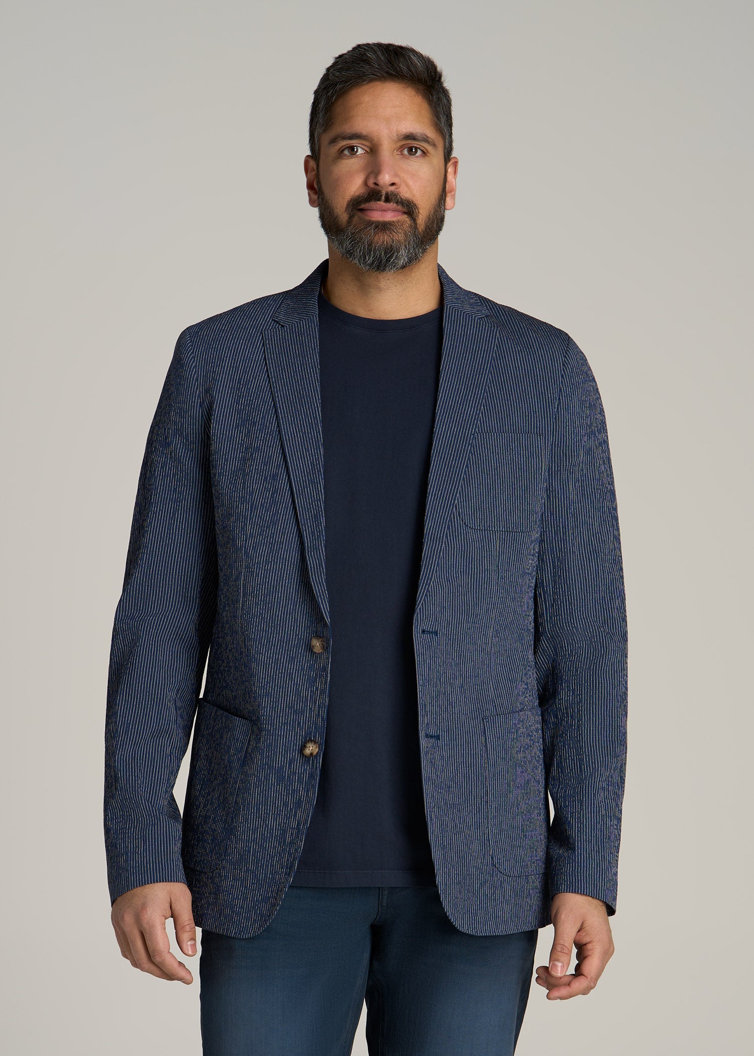 Stretch Seersucker Blazer for Tall Men in Navy and Off White Stripe