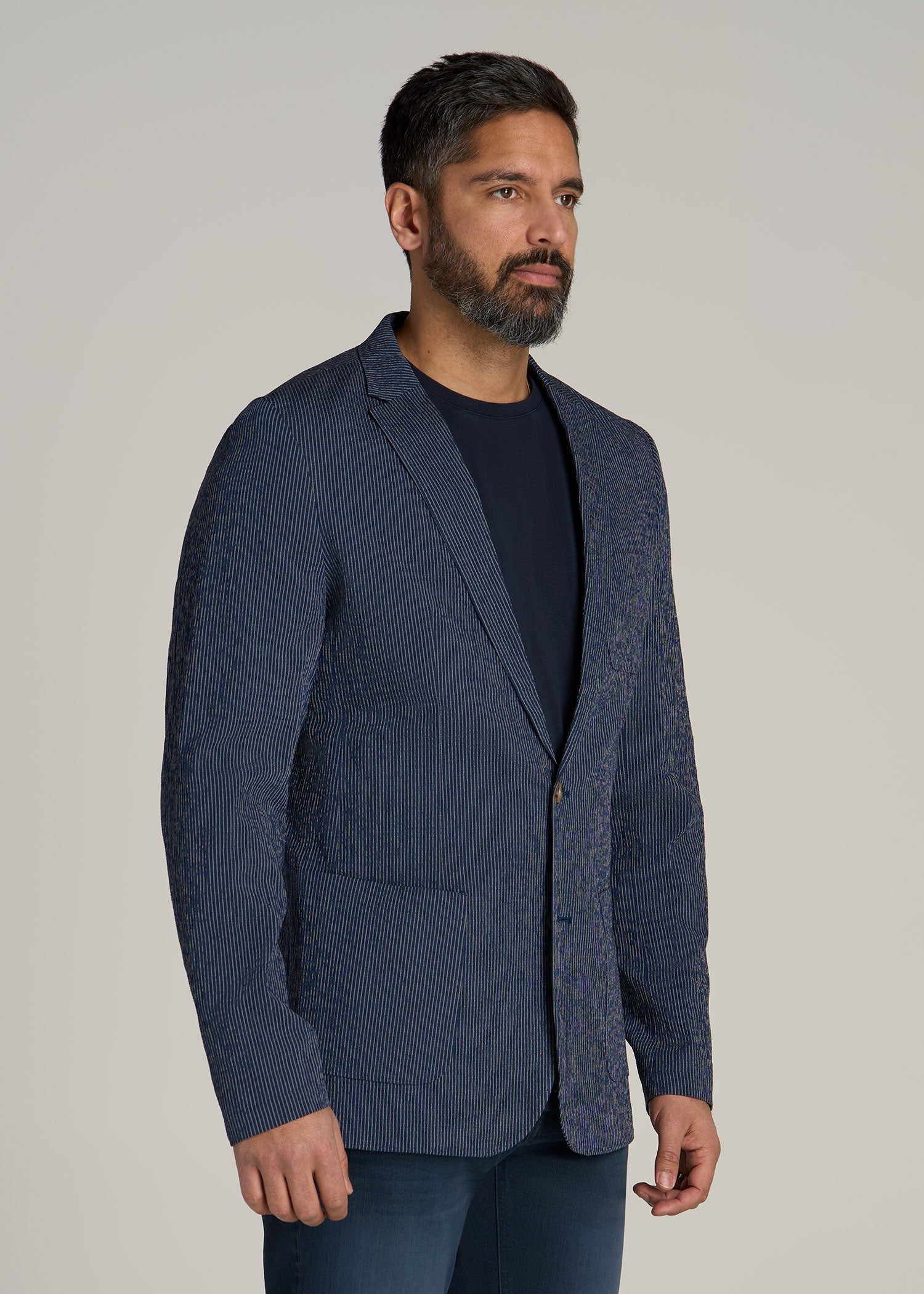 Stretch Seersucker Blazer for Tall Men in Navy and Off White Stripe