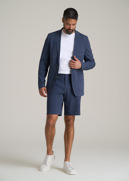 Stretch Seersucker Blazer for Tall Men in Navy and Off White Stripe