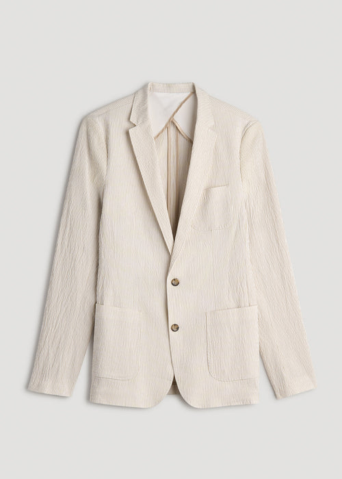 Stretch Seersucker Blazer for Tall Men in Off White and Beige Stripe