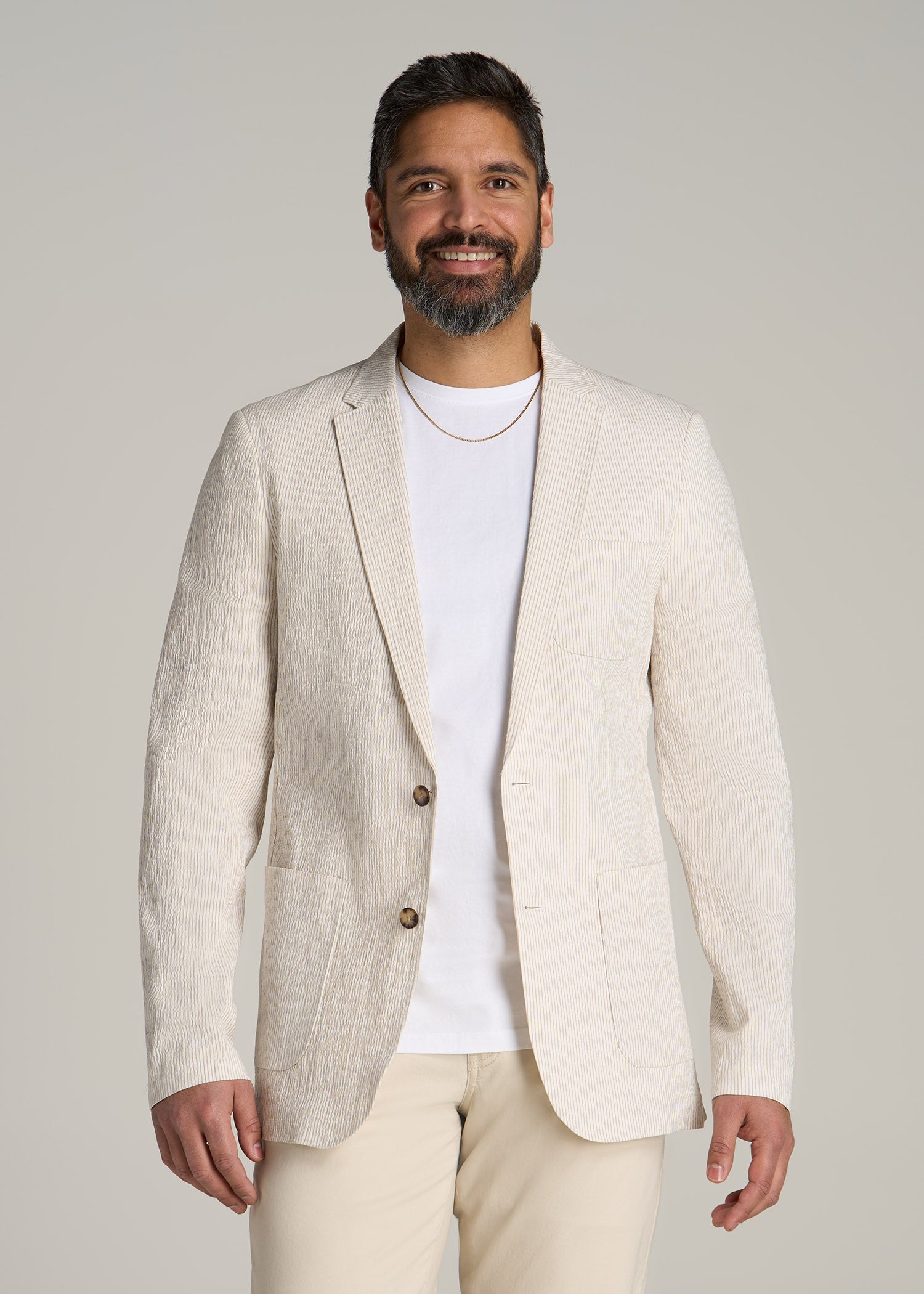 Stretch Seersucker Blazer for Tall Men in Off White and Beige Stripe