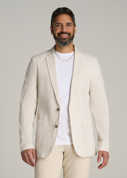 Stretch Seersucker Blazer for Tall Men in Off White and Beige Stripe