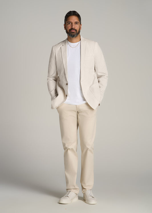 Stretch Seersucker Blazer for Tall Men in Off White and Beige Stripe