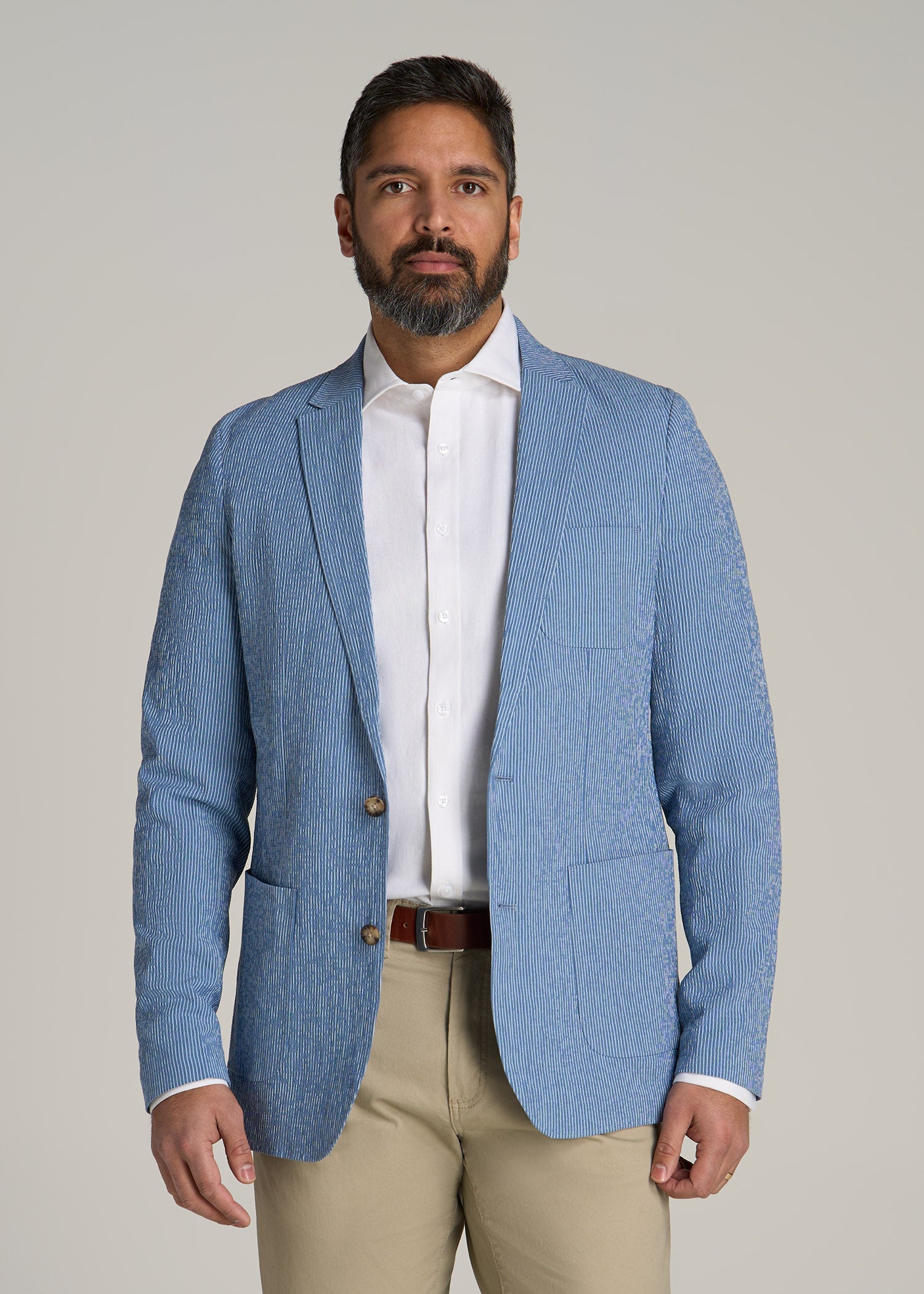 Stretch Seersucker Blazer for Tall Men in Tonal Blue Stripe
