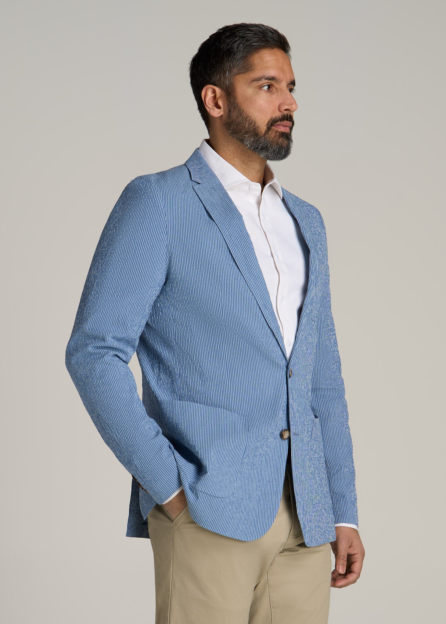 Stretch Seersucker Blazer for Tall Men in Tonal Blue Stripe