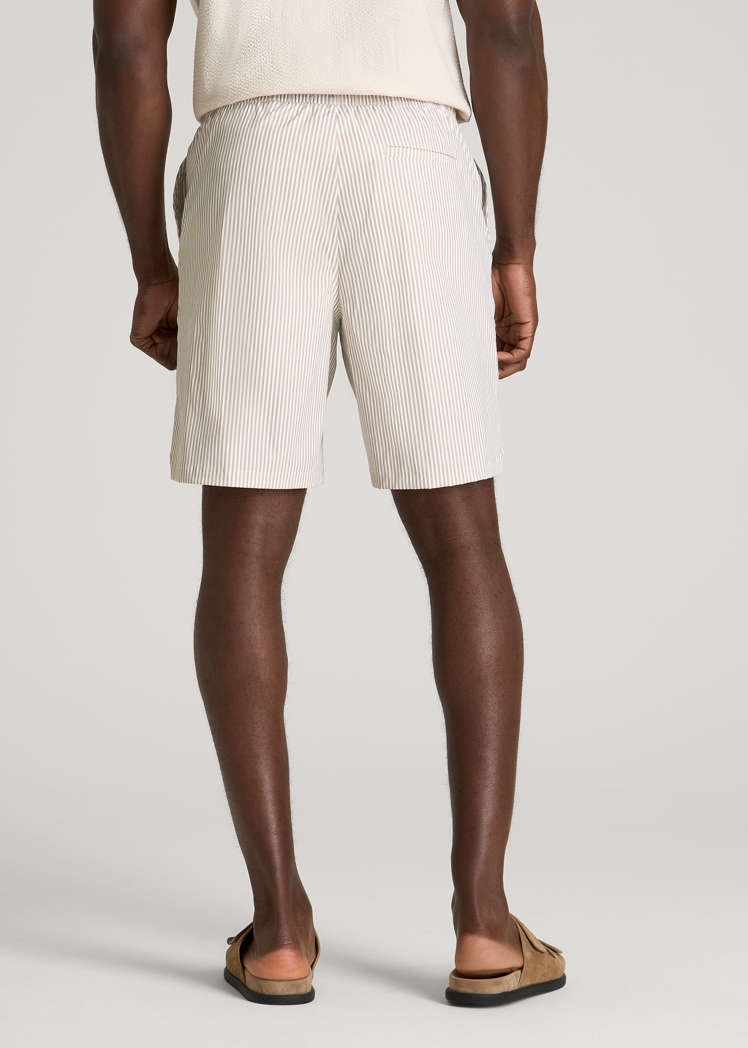 Stretch Swim Shorts for Tall Men in White and Oatmeal Stripe