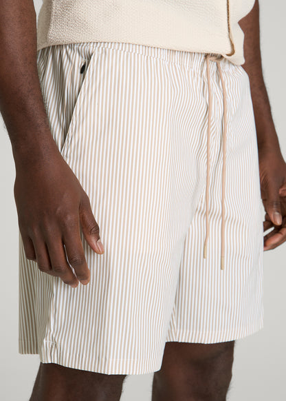 Stretch Swim Shorts for Tall Men in White and Oatmeal Stripe