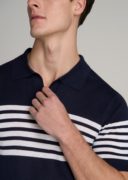Striped Linen Blend Tall Men's Polo Shirt in Blue and White Stripe