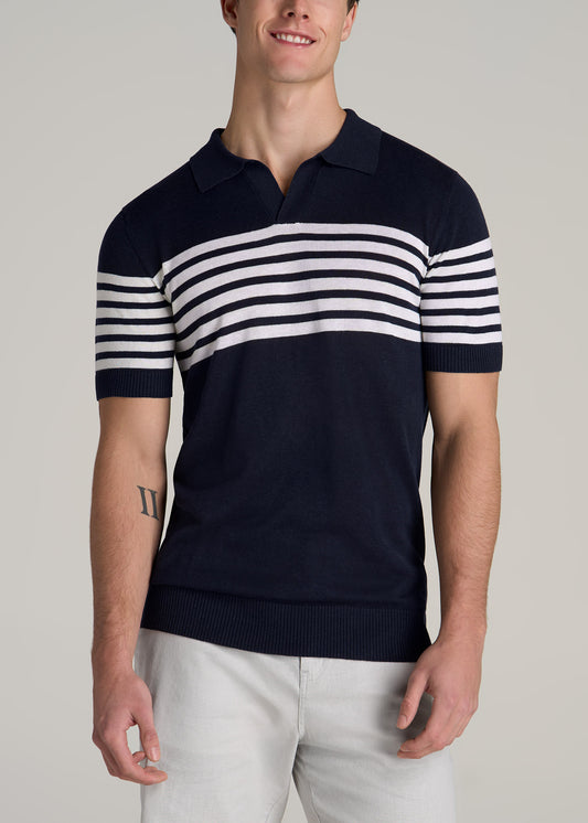 Striped Linen Blend Tall Men's Polo Shirt in Blue and White Stripe