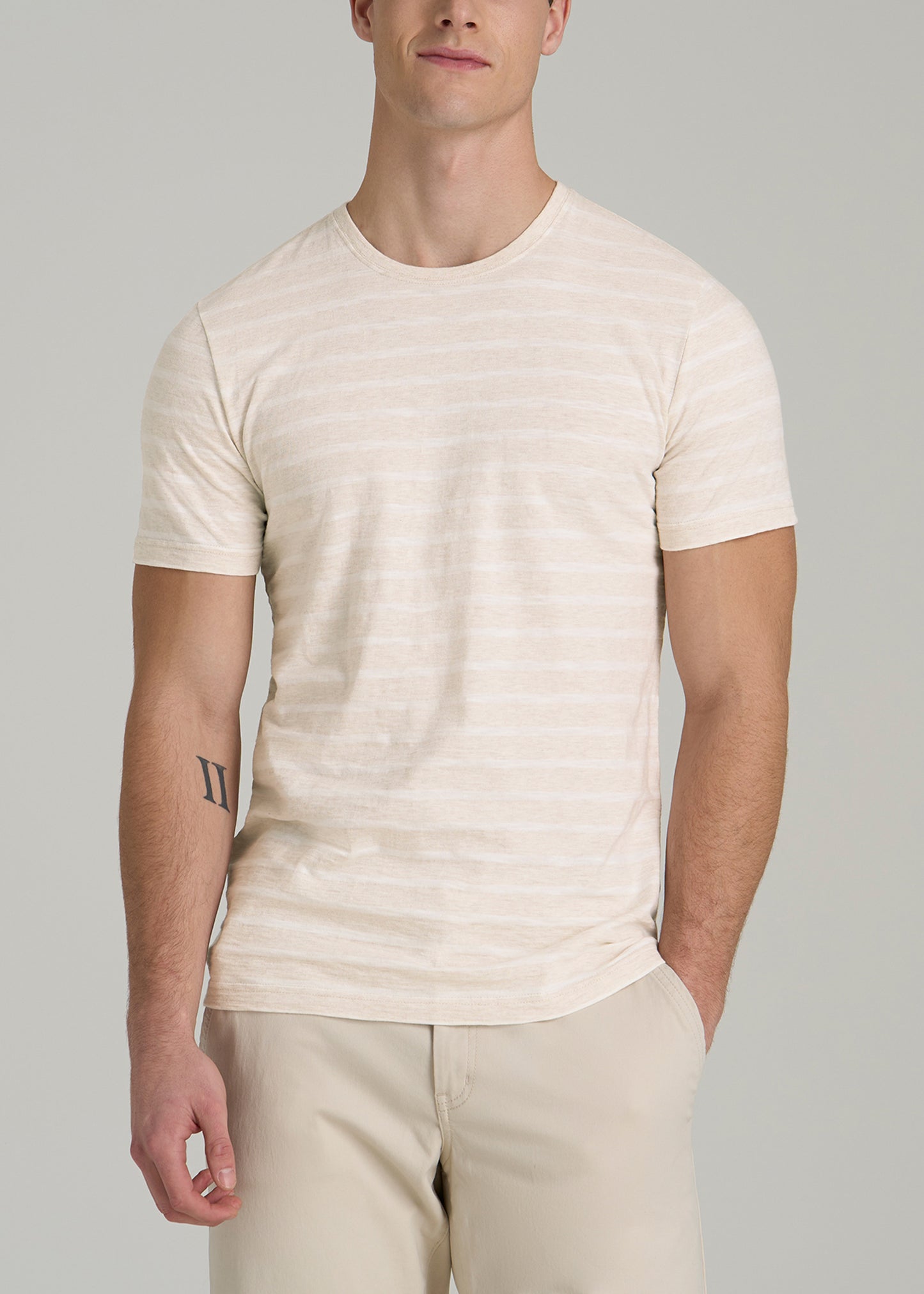 REGULAR-FIT Striped Tee in Heathered Oatmeal and White Stripe - Men's Tall T-shirt