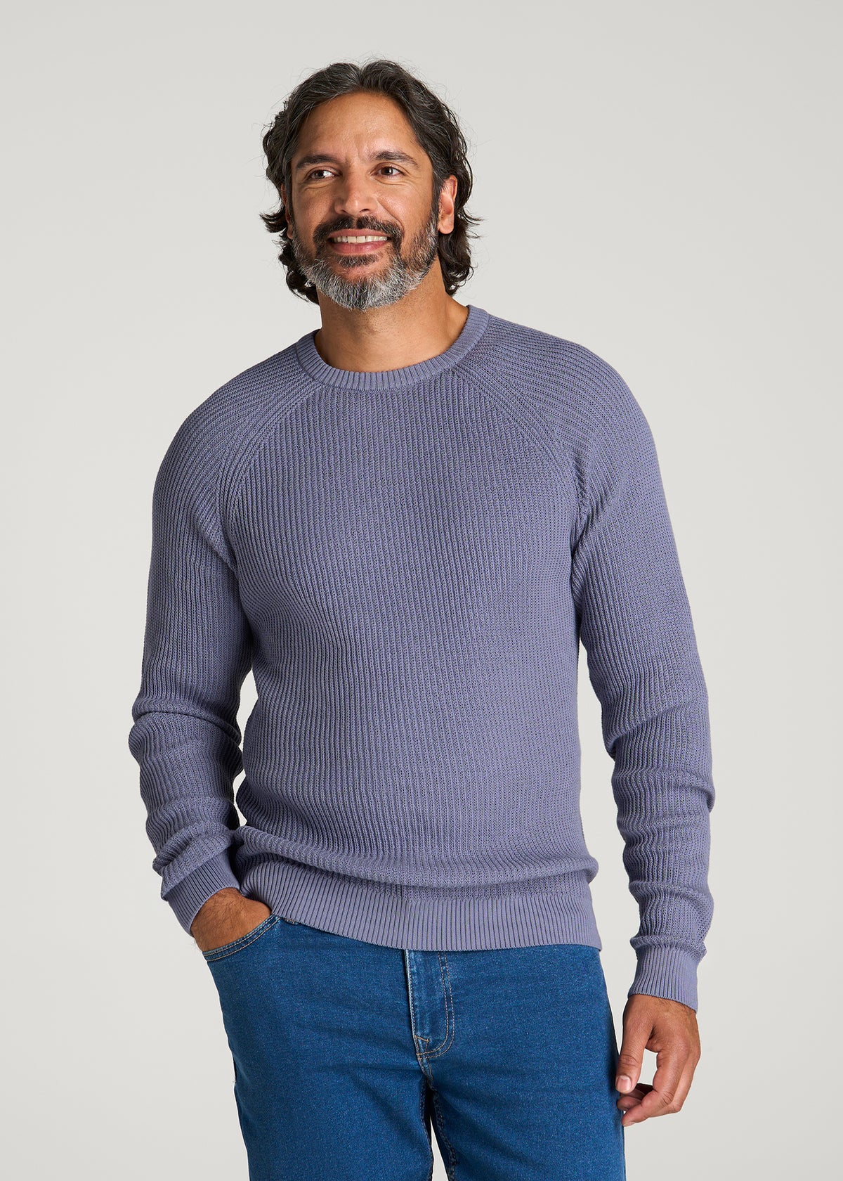 Textured Knit Crewneck Sweater for Tall Men in Blue Granite
