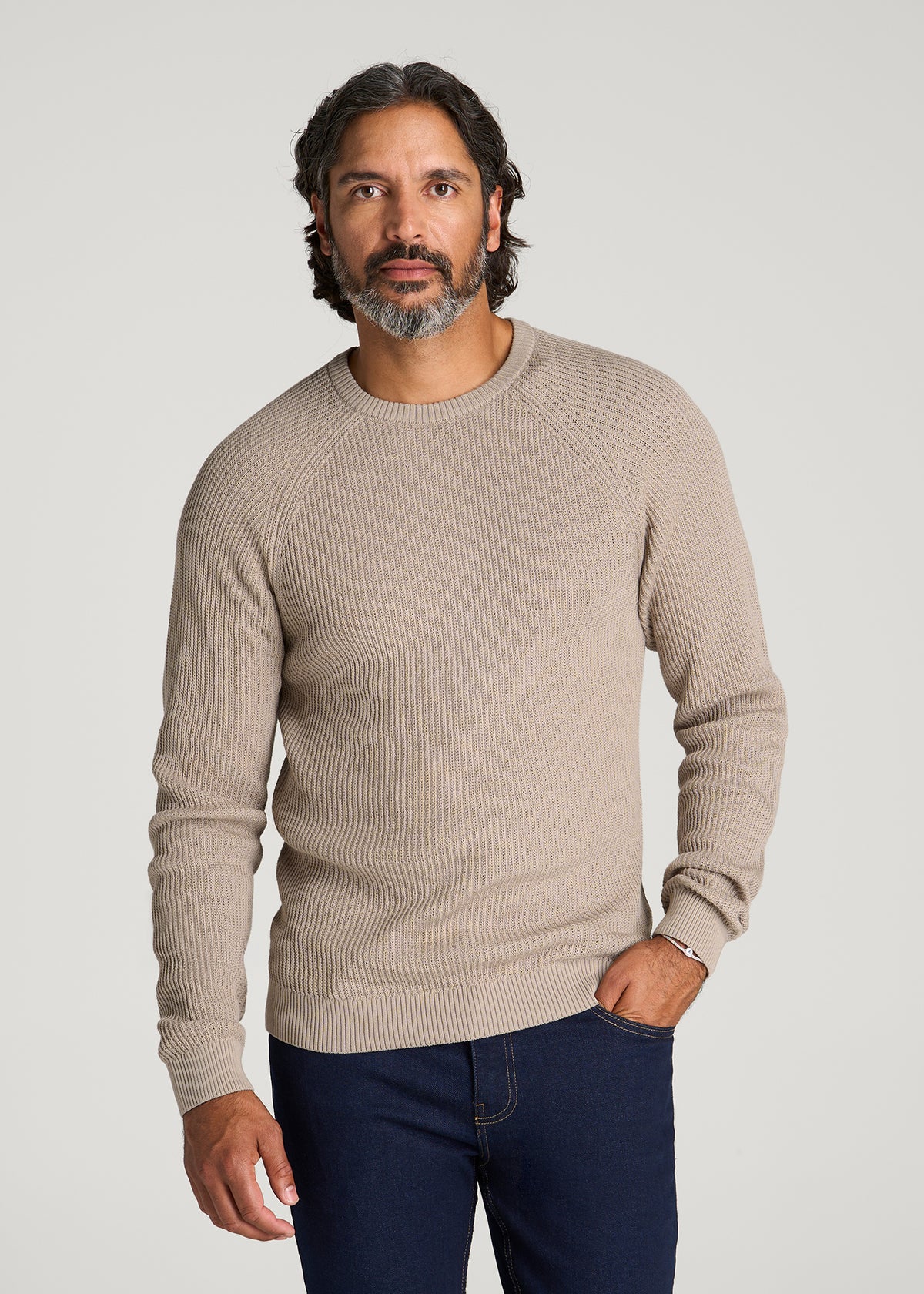 Textured Knit Crewneck Sweater for Tall Men in Simply Taupe