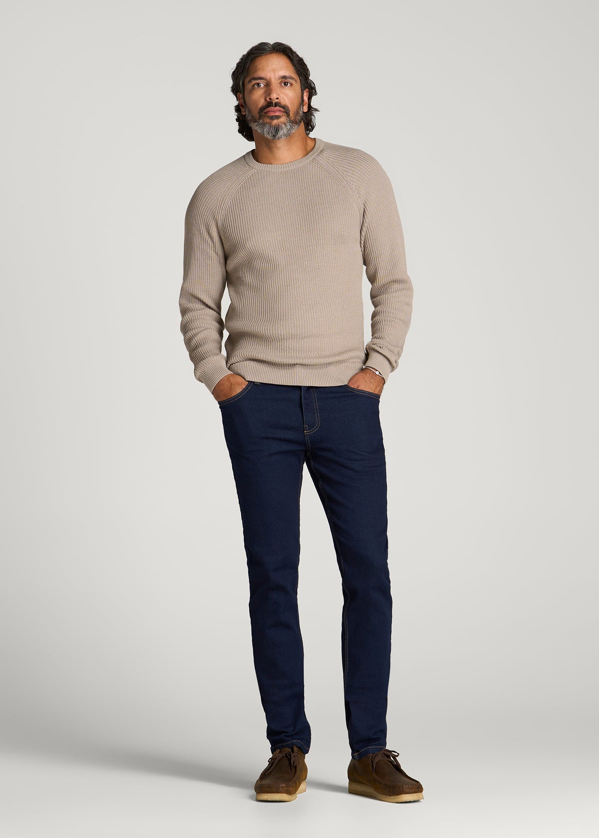 Textured Knit Crewneck Sweater for Tall Men in Simply Taupe