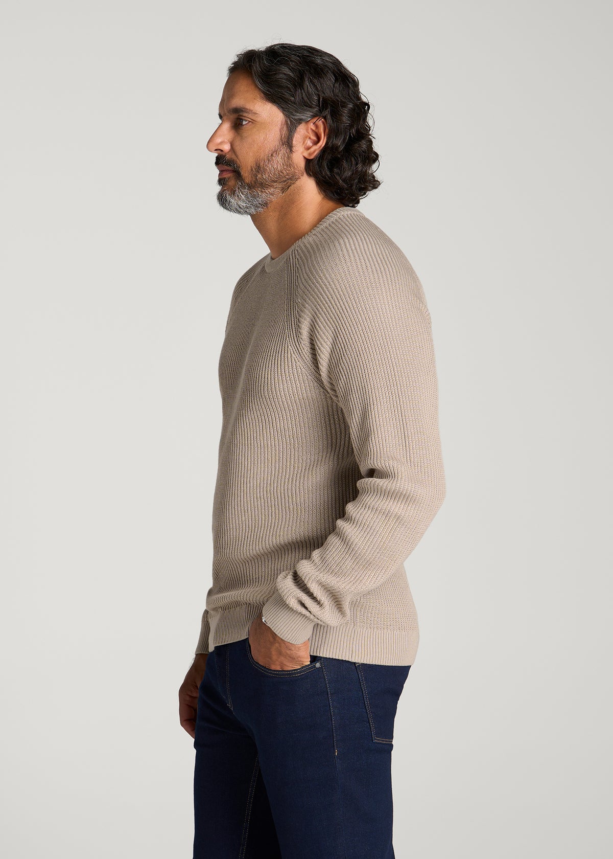 Textured Knit Crewneck Sweater for Tall Men in Simply Taupe