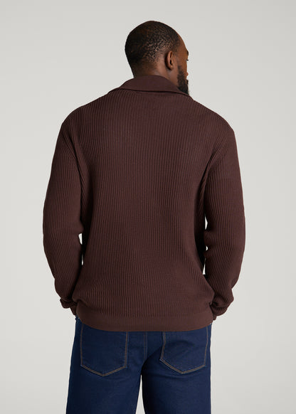 Textured Knit Quarter Zip Sweater for Tall Men in Dark Brown