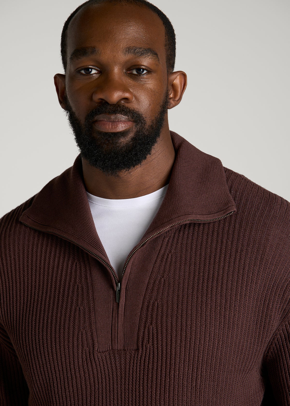 Textured Knit Quarter Zip Sweater for Tall Men in Dark Brown