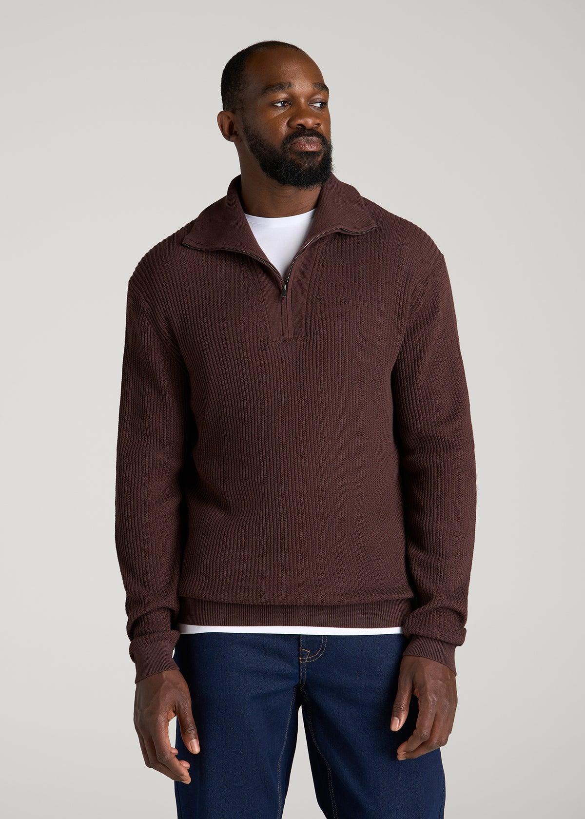 Textured Knit Quarter Zip Sweater for Tall Men in Dark Brown