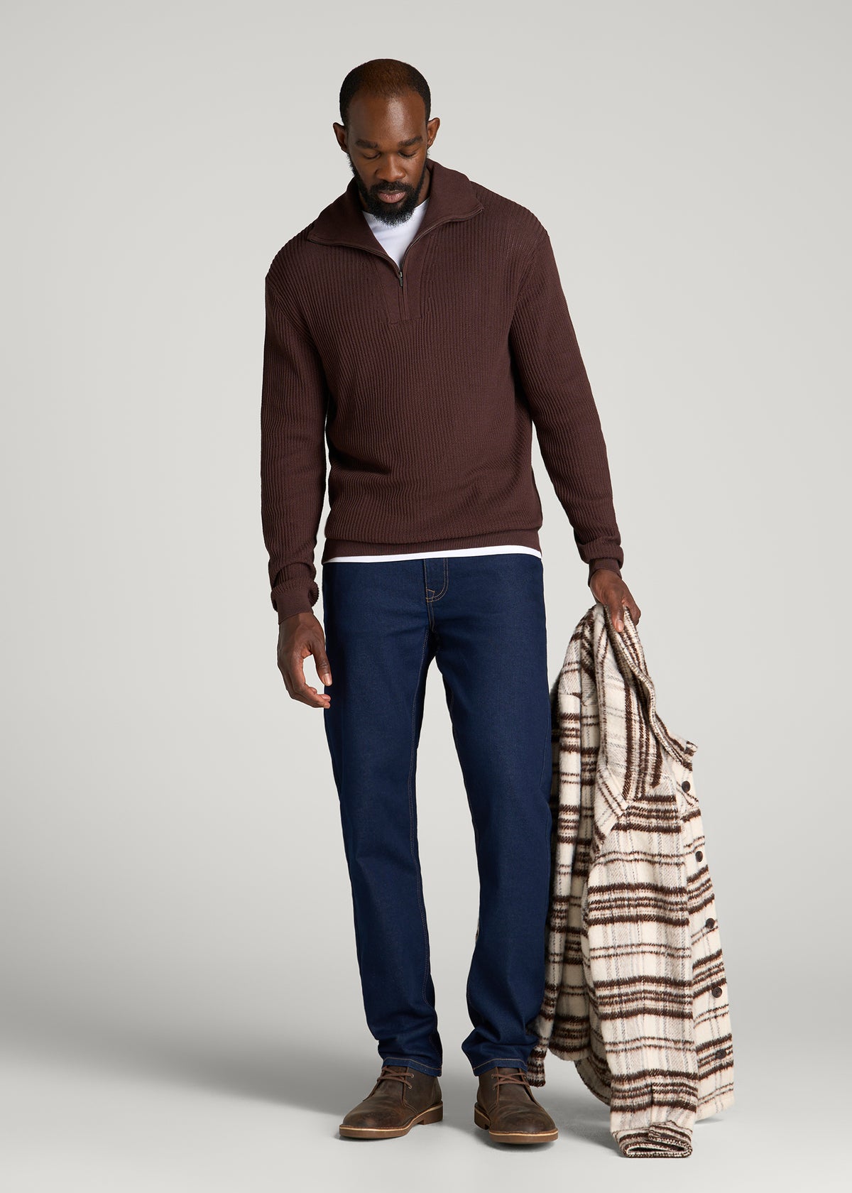 Textured Knit Quarter Zip Sweater for Tall Men in Dark Brown