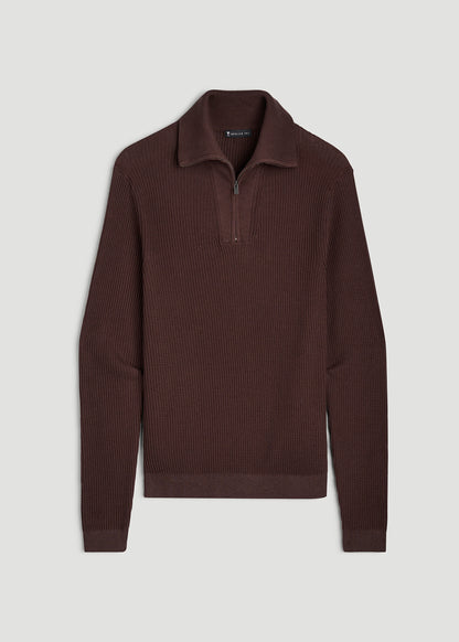 Textured Knit Quarter Zip Sweater for Tall Men in Dark Brown