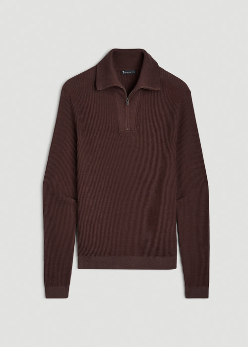 Textured Knit Quarter Zip Sweater for Tall Men in Dark Brown