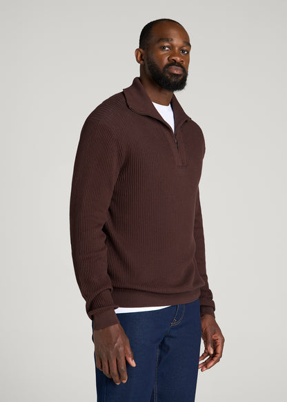 Textured Knit Quarter Zip Sweater for Tall Men in Dark Brown