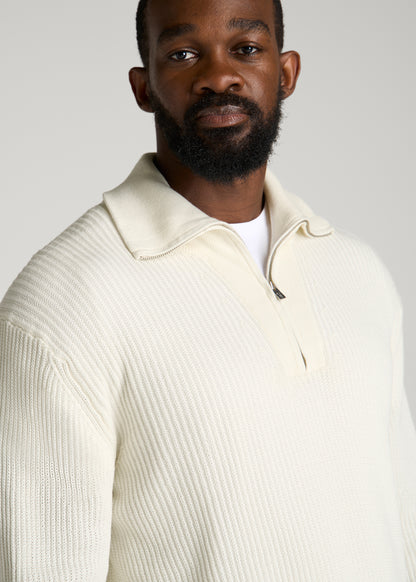 Textured Knit Quarter Zip Sweater for Tall Men in Star White