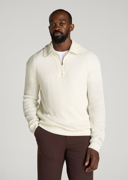 Textured Knit Quarter Zip Sweater for Tall Men in Star White