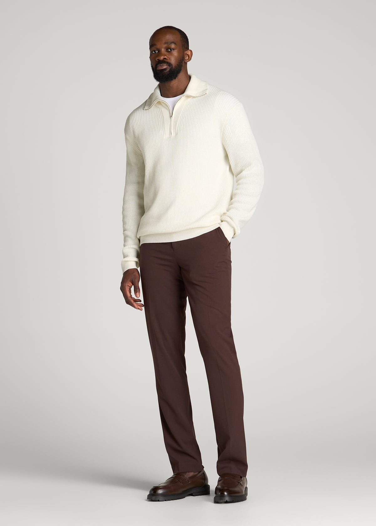 Textured Knit Quarter Zip Sweater for Tall Men in Star White