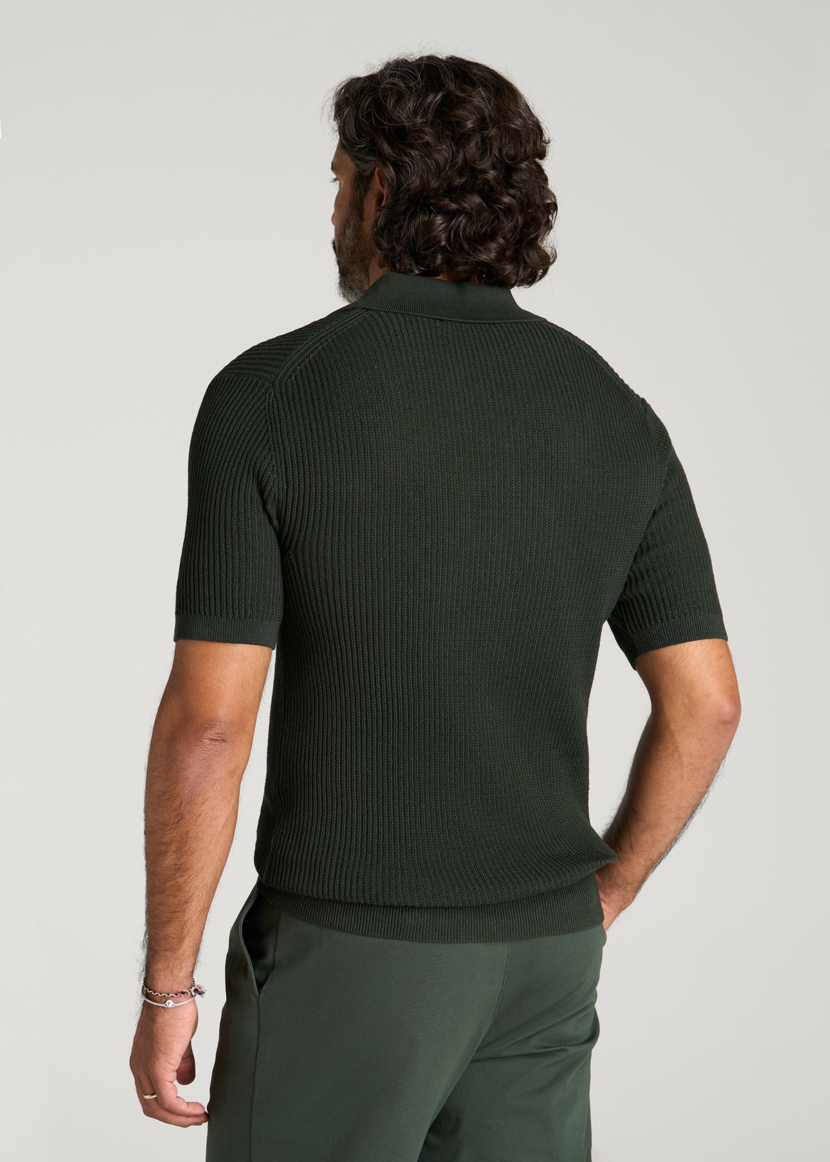 Textured Knit Short Sleeve Sweater Polo for Tall Men in Boreal Forest