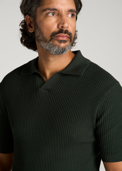 Textured Knit Short Sleeve Sweater Polo for Tall Men in Boreal Forest