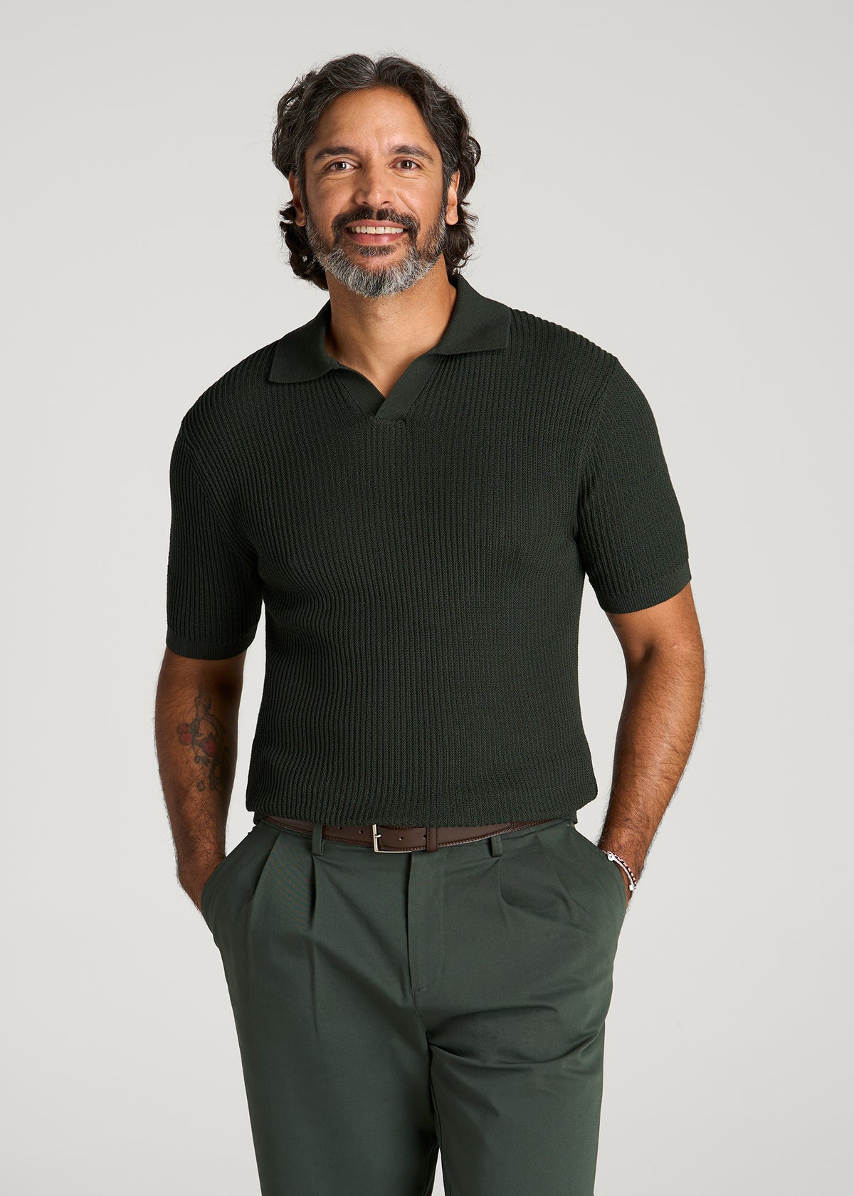 Textured Knit Short Sleeve Sweater Polo for Tall Men in Boreal Forest