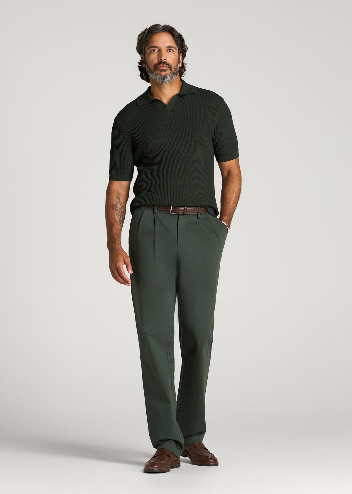 Textured Knit Short Sleeve Sweater Polo for Tall Men in Boreal Forest