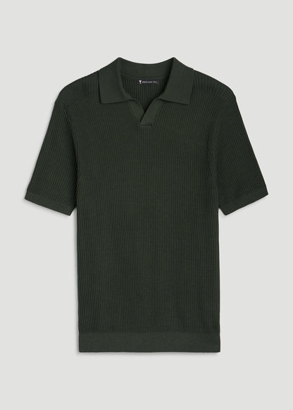 Textured Knit Short Sleeve Sweater Polo for Tall Men in Boreal Forest
