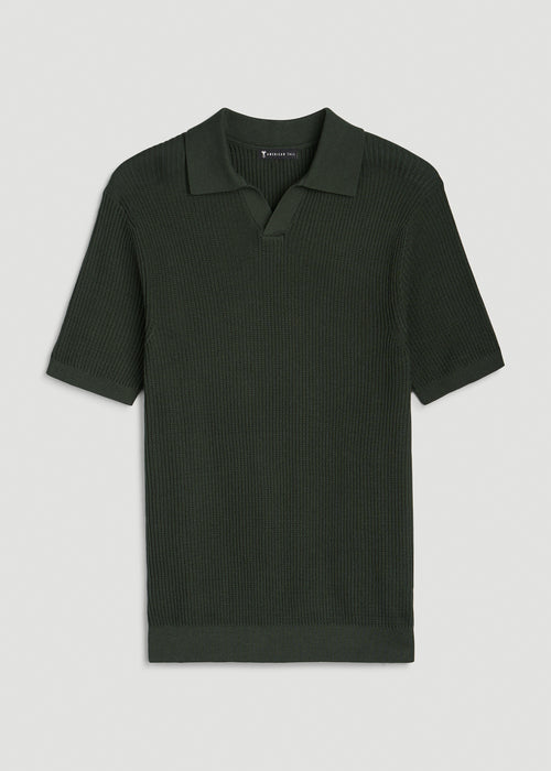 Textured Knit Short Sleeve Sweater Polo for Tall Men in Boreal Forest