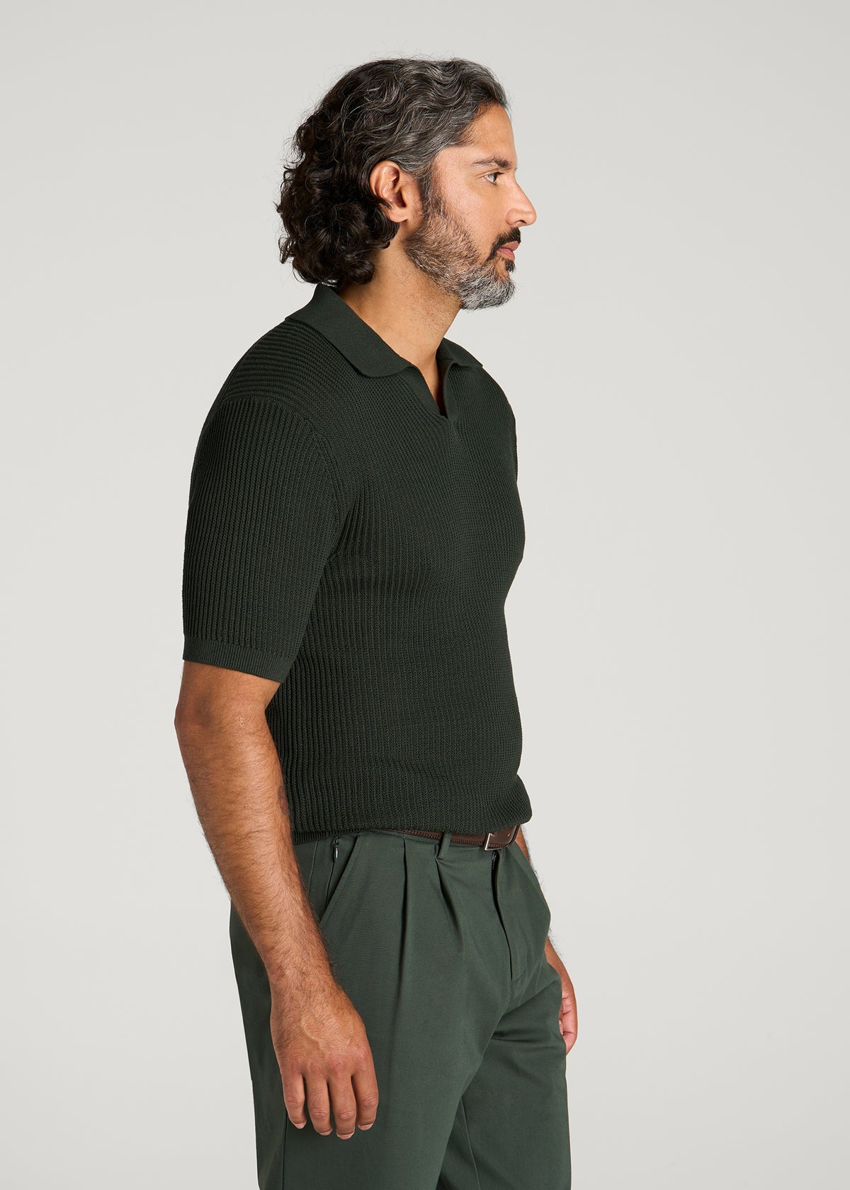 Textured Knit Short Sleeve Sweater Polo for Tall Men in Boreal Forest