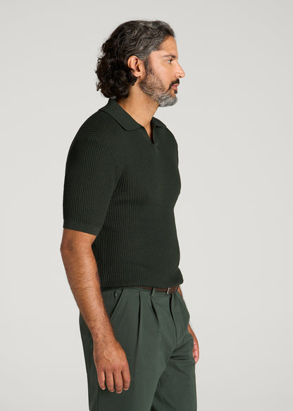 Textured Knit Short Sleeve Sweater Polo for Tall Men in Boreal Forest