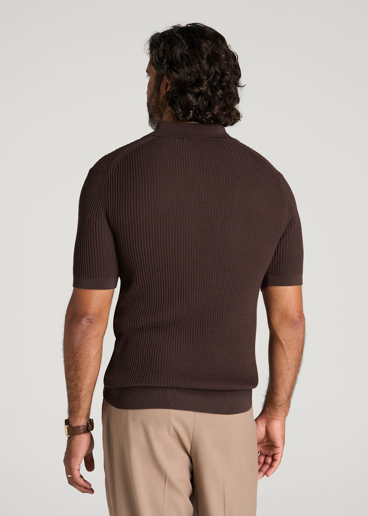 Textured Knit Short Sleeve Sweater Polo for Tall Men in Dark Brown