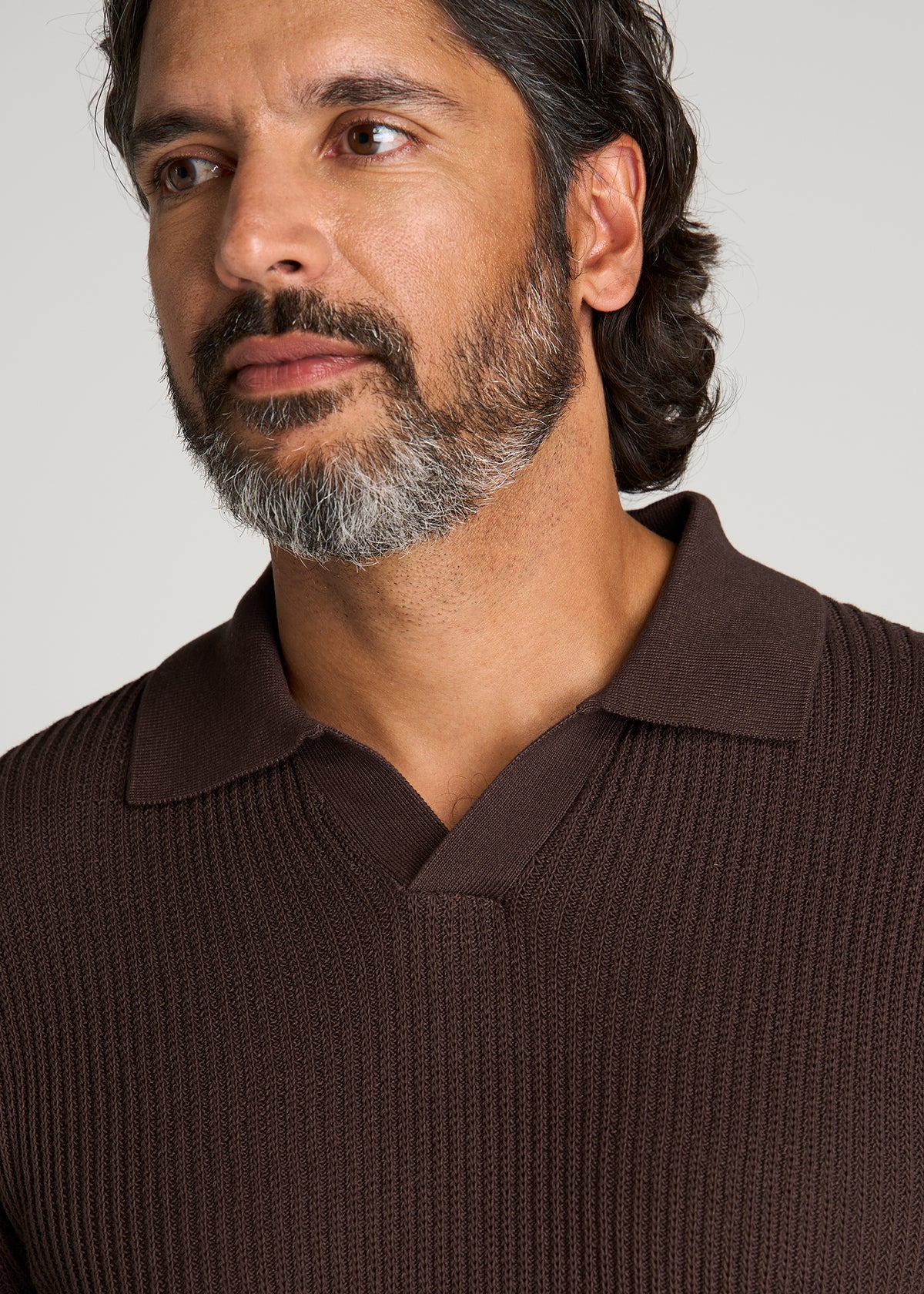 Textured Knit Short Sleeve Sweater Polo for Tall Men in Dark Brown