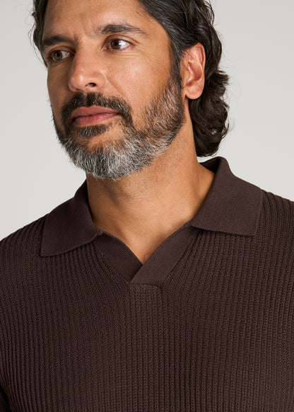 Textured Knit Short Sleeve Sweater Polo for Tall Men in Dark Brown