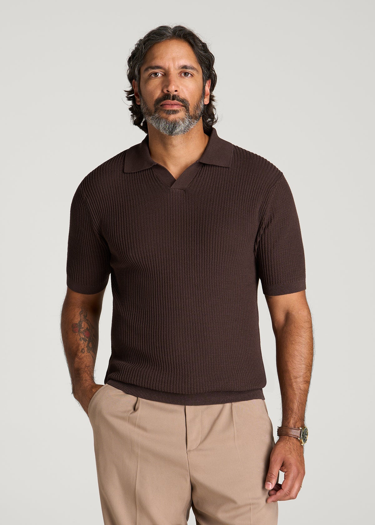 Textured Knit Short Sleeve Sweater Polo for Tall Men in Dark Brown