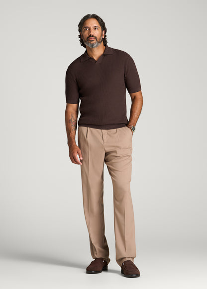 Textured Knit Short Sleeve Sweater Polo for Tall Men in Dark Brown